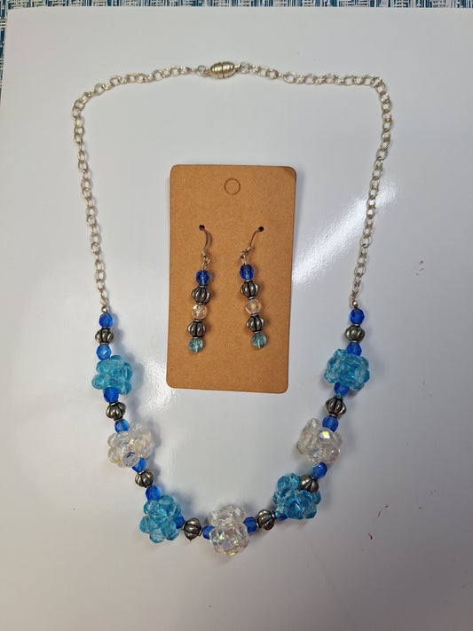 Blue and crystal Checo beads Necklace and earrings