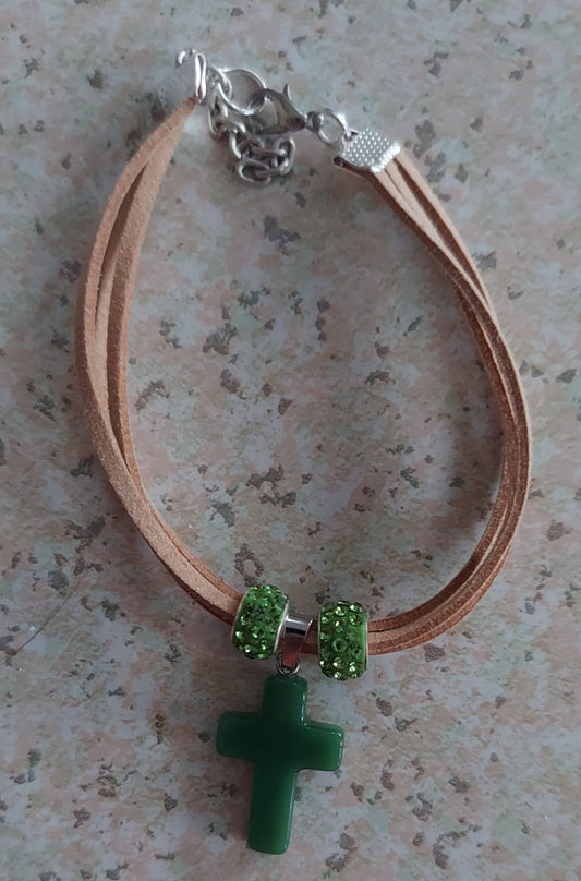 Beige and green leather bracelet