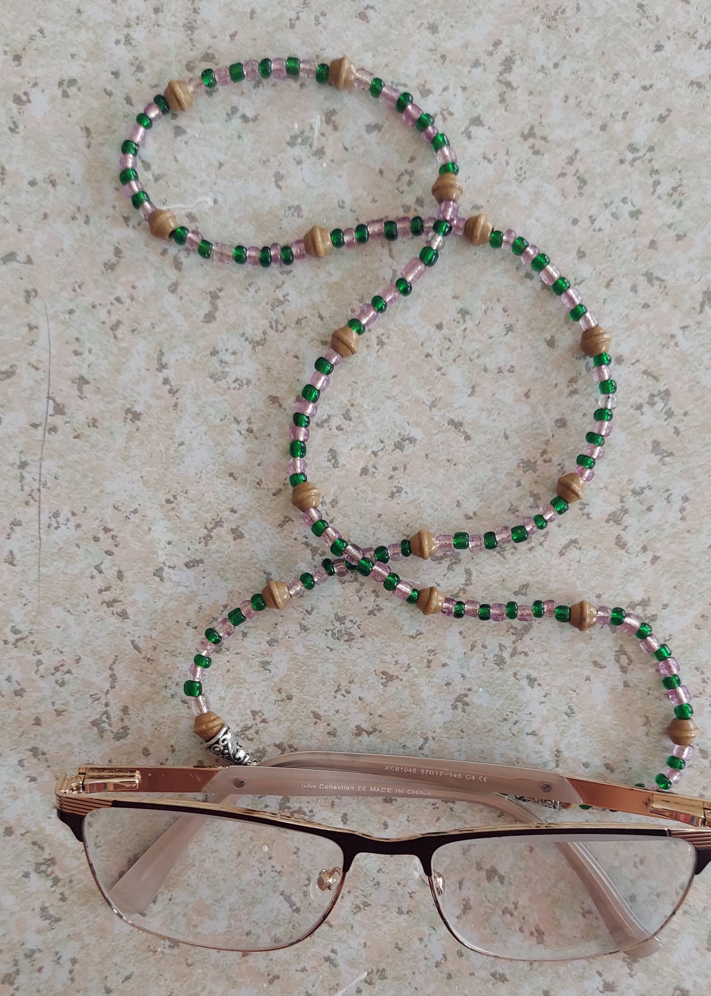 Green, crystal and beige eyeglasses chain